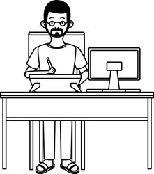 man working with desktop in desk character vector