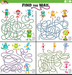 find the way maze games set with cartoon robot vector image