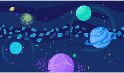 Space location in pixel art background of planet vector