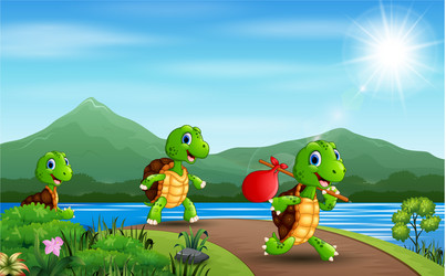 Cartoon three turtles running at road vector