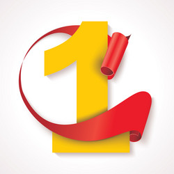 Number one yellow numeric with red rolled ribbon vector