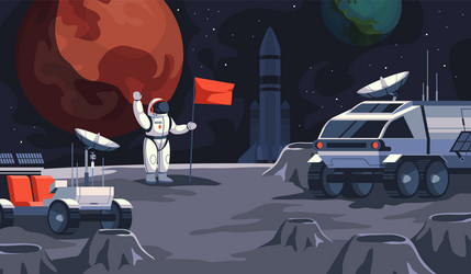 mars exploring astronaut in spacesuit sets flag vector image