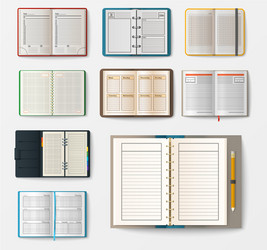 Set of open realistic notebooks with pages diary vector