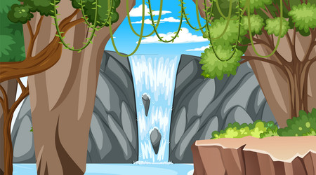 nature scene with many trees and waterfall vector