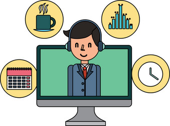 Computer monitor with businessman and set icons vector