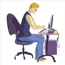 man sitting in front of his computer and working vector