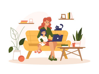 Mother work home at laptop freelance remote office vector