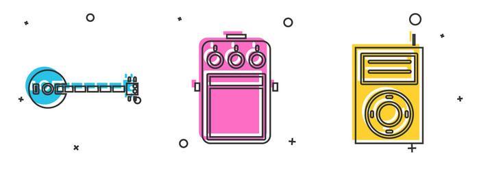 set banjo guitar pedal and music mp3 player icon vector