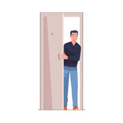 Man character at the door opening it entering home vector