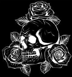 white silhouette of skull with roses on black Vector Image