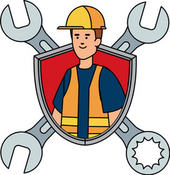 Builder worker with helmet and wrenches in shield vector