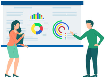 People discussing pie chart with statistical data vector