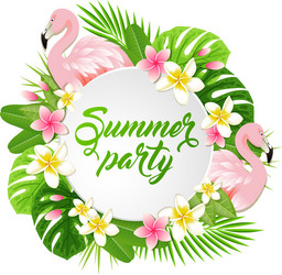 Pink flamingo and green leaves vector