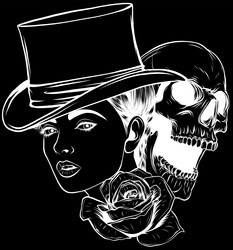 white silhouette of woman sugar skull with hat Vector Image