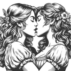 Women lesbian and kissing engraving Royalty Free Vector