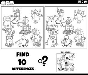 differences task with cartoon robots coloring page vector