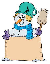Snowman with Sign and Broom Vector Image