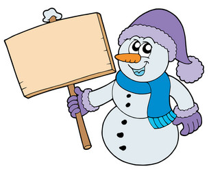 Smiling Snowman with Wooden Sign vector
