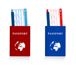 Passport in red and blue color with air ticket set vector