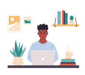 black man working with computer home office vector