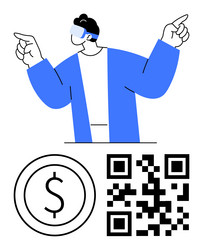 man in virtual reality gesturing above qr code vector image