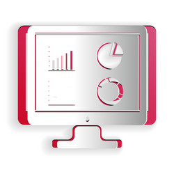 Paper cut computer monitor with graph chart icon vector