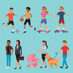 Set city people walking cartoons vector