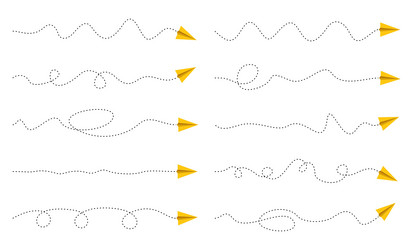 set of dashed line paper airplane route travel vector