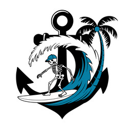 skeleton surfer with anchor and wave Vector Image