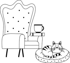 armchair coffee cup book and cat isolated icon vector