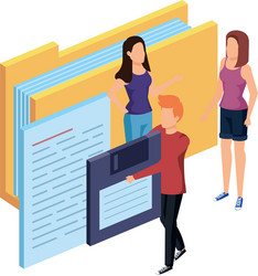 people with folder documents and floppy disk vector image