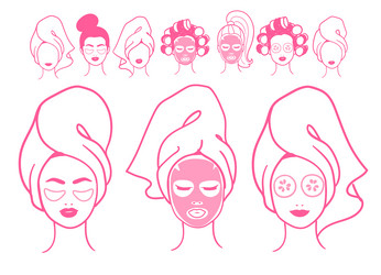 female portraits with facial masks and towels vector