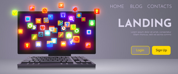 computer with cloud of app icons on the screen vector image