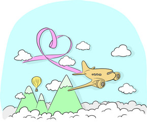 airplane with pink ribbon flying in blue sky vector