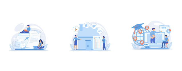 Specialists work with laptop digital data tiny vector