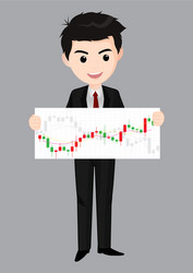 Young man trader and business candlestick chart vector