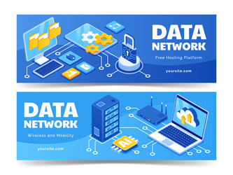 data network isometric horizontal banner set vector image