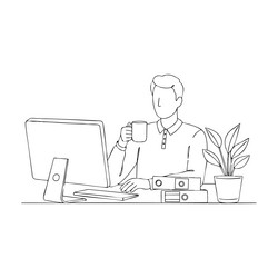 man working at desk with computer drinking coffee vector image