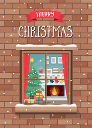 Christmas greeting card with window and cozy room vector