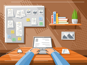 man sits at a table and works on computer vector image