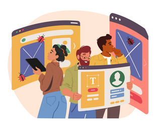 programmers team inspecting bugs fixing mistakes vector image