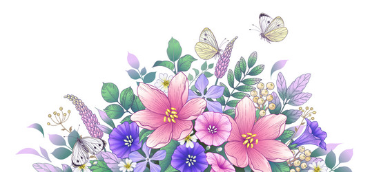 Elegant Pink & Purple Flowers with Butterflies Vector Image