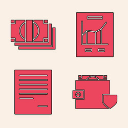 Set wallet and money with shield stacks paper vector