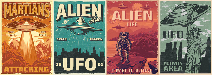 Aliens set vintage colorful flyers Royalty Free Vector Image