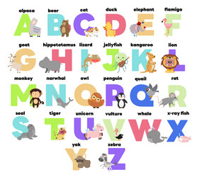 Funny animal alphabets for kids education set vector