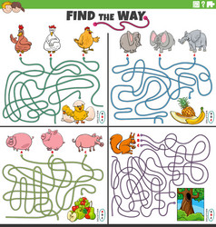 find the way maze games set with cartoon animal vector