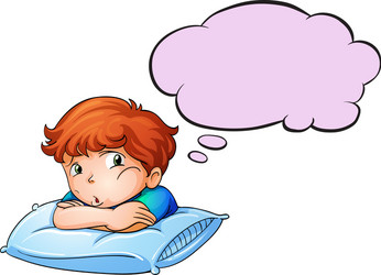 a young boy leaning over the pillow with an empty vector