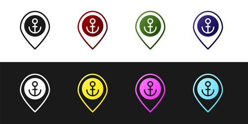 Set map pointer with anchor icon isolated on black vector