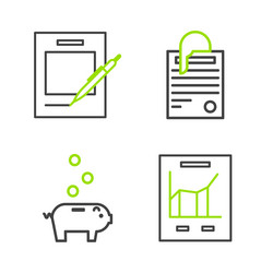 set line document with graph chart piggy bank vector image