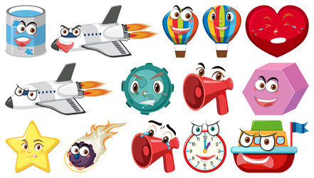set of different toy objects with smiley faces vector image